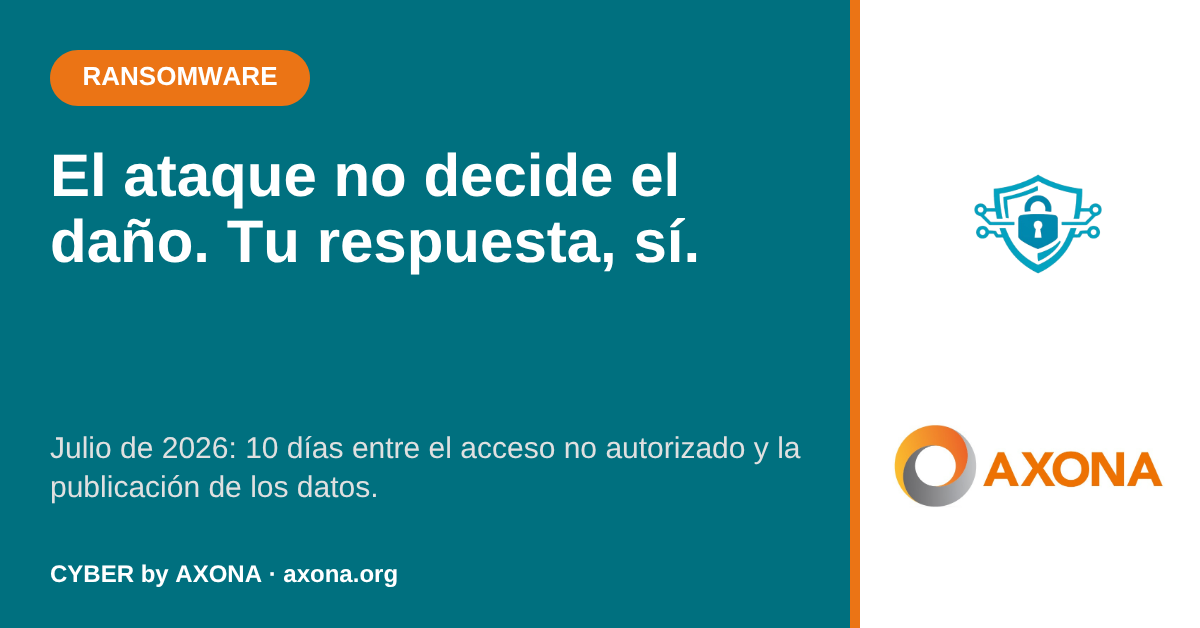 Pieza CYBER de AXONA sobre fondo turquesa con el texto «El ataque no decide el daño. Tu respuesta, sí.» y la etiqueta RANSOMWARE en naranja.